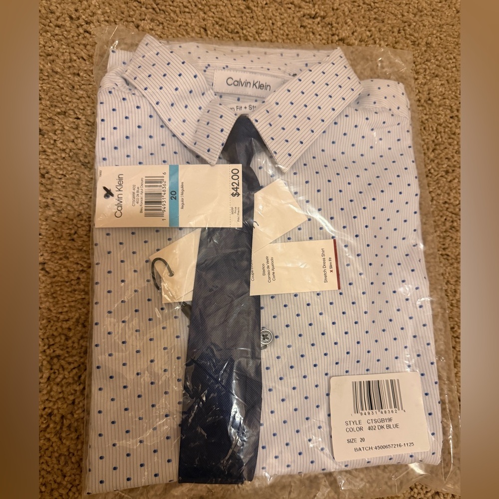 Calvin Klein Boy’s White Shirt with Blue Dot Pattern w/ tie